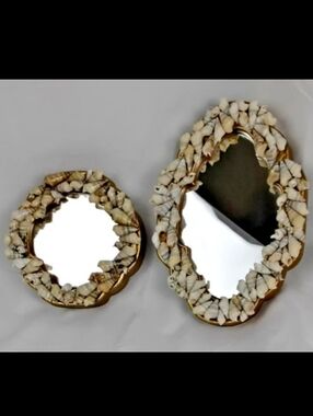 SMALL Vintage Shell Encrusted Mirror Set Oval Round Coastal Beach Decor